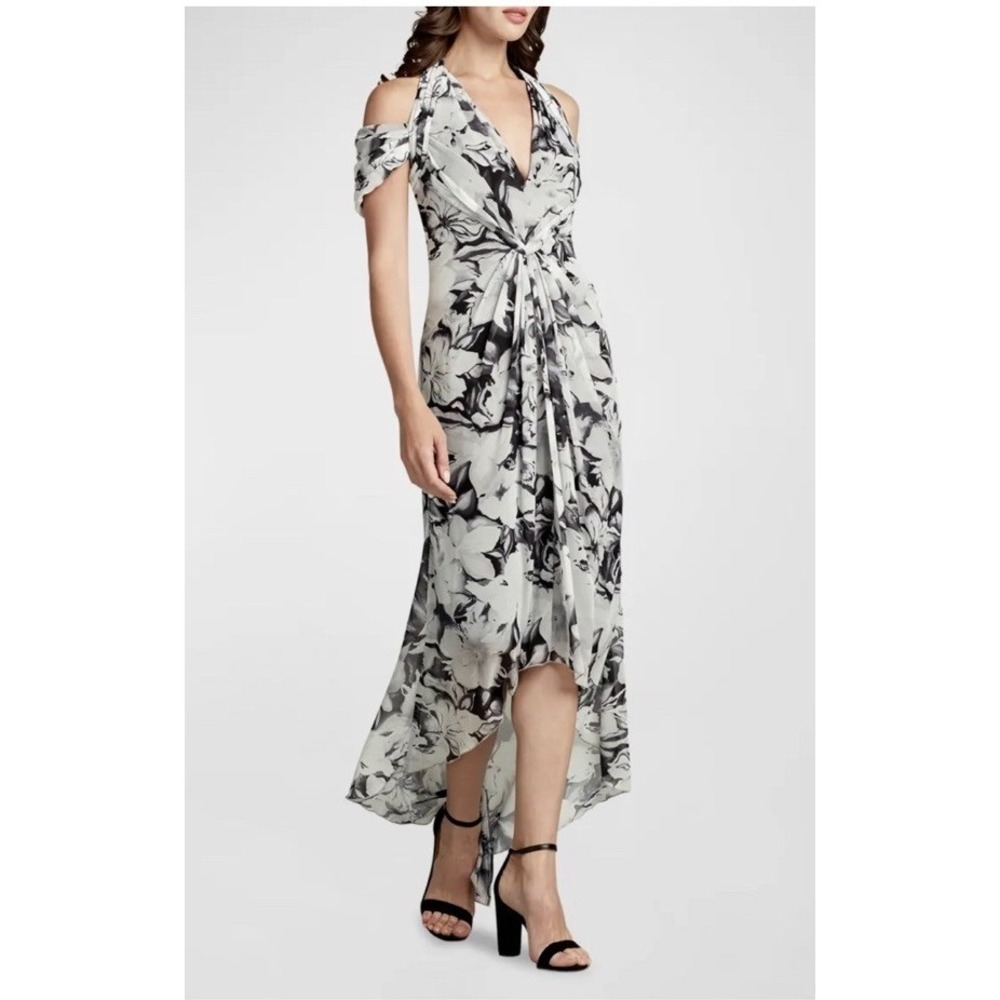 Tadashi Shoji High Low Cold Shoulder Dress Sz 2 Floral Elegant Romantic Ethereal
